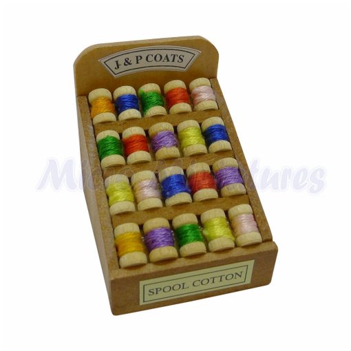 Dolls House Miniature Wooden Tray With 15 Assorted Cotton Reels 